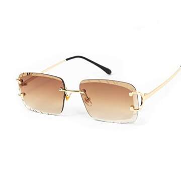 Gold Wire Frame Luxury Unisex Square Rimless Gem Cut Trendy Retro 90's Hip Hop Diamond Cut Lens Brow...