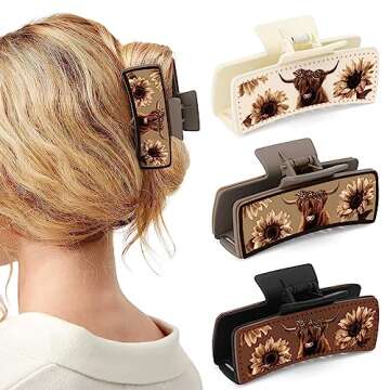 CiyvoLyeen Highland Cattle Hair Claw Clips 4" Large Hairpins for Women Matte Leather Floral Scottish...