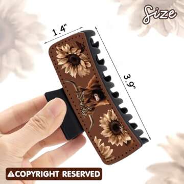 CiyvoLyeen Highland Cattle Hair Claw Clips 4" Large Hairpins for Women Matte Leather Floral Scottish Cow Long Thick Hair Neutral Colors Appreciation Gifts Idea Teacher Nurse Mom Friends Teens 3PCS