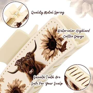 CiyvoLyeen Highland Cattle Hair Claw Clips 4" Large Hairpins for Women Matte Leather Floral Scottish Cow Long Thick Hair Neutral Colors Appreciation Gifts Idea Teacher Nurse Mom Friends Teens 3PCS