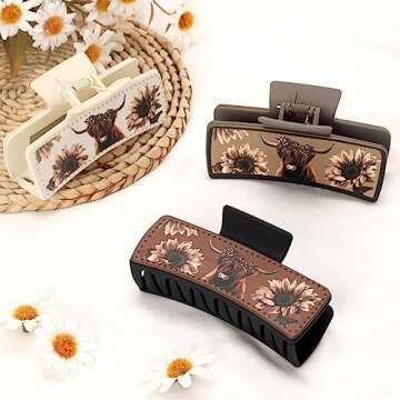 CiyvoLyeen Highland Cattle Hair Claw Clips 4" Large Hairpins for Women Matte Leather Floral Scottish Cow Long Thick Hair Neutral Colors Appreciation Gifts Idea Teacher Nurse Mom Friends Teens 3PCS