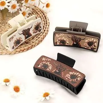 CiyvoLyeen Highland Cattle Hair Claw Clips 4" Large Hairpins for Women Matte Leather Floral Scottish Cow Long Thick Hair Neutral Colors Appreciation Gifts Idea Teacher Nurse Mom Friends Teens 3PCS