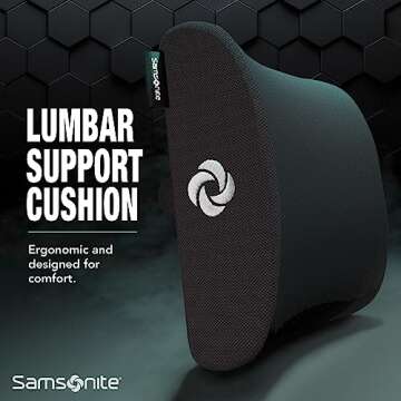 SAMSONITE Lumbar Support Pillow For Office Chair and Car Seat, Perfectly Balanced Memory Foam , Versatile Use Lower Back Cushion
