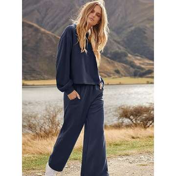 ANRABESS Women’s Two Piece Outfits Long Sleeve Crop Top Wide Leg Sweat Pants Knit Sweatsuit Fall Lounge Matching Clothes Set Blue Small