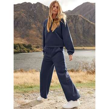 ANRABESS Women’s Two Piece Outfits Long Sleeve Crop Top Wide Leg Sweat Pants Knit Sweatsuit Fall Lounge Matching Clothes Set Blue Small