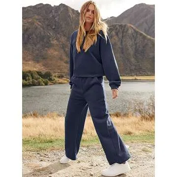 ANRABESS Women’s Two Piece Outfits Long Sleeve Crop Top Wide Leg Sweat Pants Knit Sweatsuit Fall Lounge Matching Clothes Set Blue Small