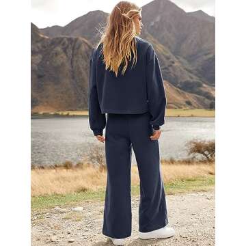 ANRABESS Women’s Two Piece Outfits Long Sleeve Crop Top Wide Leg Sweat Pants Knit Sweatsuit Fall Lounge Matching Clothes Set Blue Small