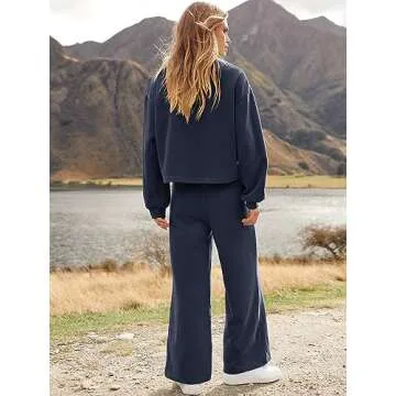 ANRABESS Women’s Two Piece Outfits Long Sleeve Crop Top Wide Leg Sweat Pants Knit Sweatsuit Fall Lounge Matching Clothes Set Blue Small