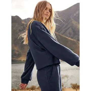 ANRABESS Women’s Two Piece Outfits Long Sleeve Crop Top Wide Leg Sweat Pants Knit Sweatsuit Fall Lounge Matching Clothes Set Blue Small