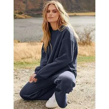 ANRABESS Women’s Two Piece Outfits Long Sleeve Crop Top Wide Leg Sweat Pants Knit Sweatsuit Fall Lounge Matching Clothes Set Blue Small