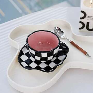 NICEYY Hand Painted Checkerboard Coffee Cup with Saucer,Underglaze Ceramic Personalized Tea Cup Set