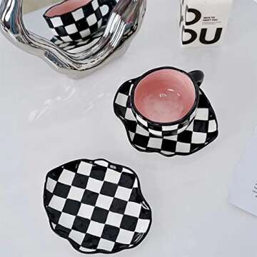 NICEYY Hand Painted Checkerboard Coffee Cup with Saucer,Underglaze Ceramic Personalized Tea Cup Set