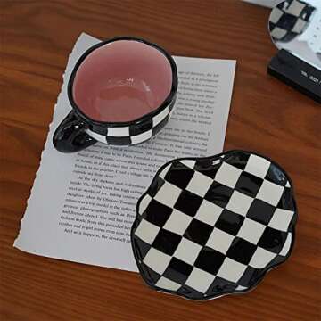 NICEYY Hand Painted Checkerboard Coffee Cup with Saucer,Underglaze Ceramic Personalized Tea Cup Set