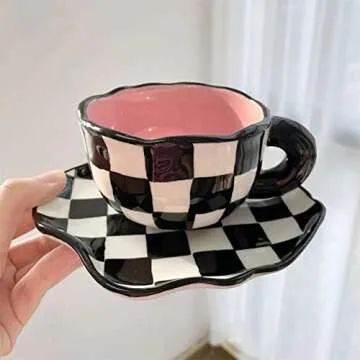 NICEYY Hand Painted Checkerboard Coffee Cup with Saucer,Underglaze Ceramic Personalized Tea Cup Set