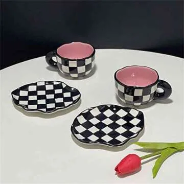 NICEYY Hand Painted Checkerboard Coffee Cup with Saucer,Underglaze Ceramic Personalized Tea Cup Set