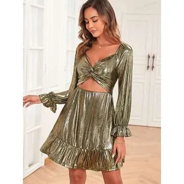 ZAFUL Women's Reflective Cut Out Twist Smoked Back Long Sleeve Ruffles Hem Mini Club Party Evening D...