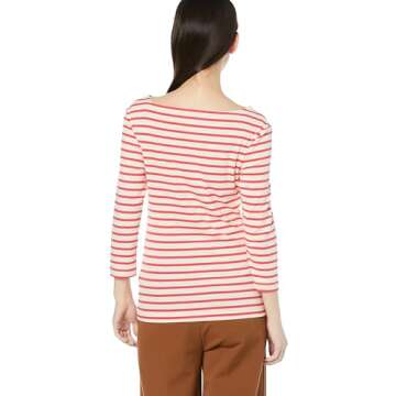 Amazon Essentials Women's Slim-Fit 3/4 Sleeve Boat Neck T-Shirt, Coral Orange Off-white Stripe, X-Small