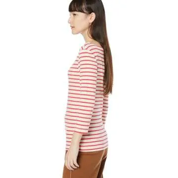 Amazon Essentials Women's Slim-Fit 3/4 Sleeve Boat Neck T-Shirt, Coral Orange Off-white Stripe, X-Small