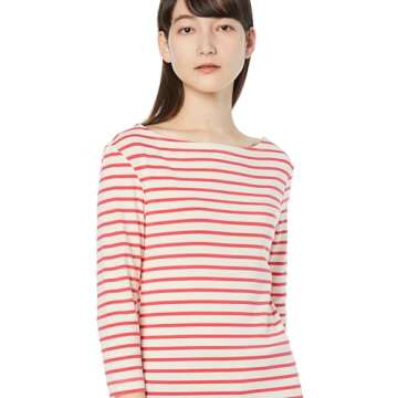 Amazon Essentials Women's Slim-Fit 3/4 Sleeve Boat Neck T-Shirt, Coral Orange Off-white Stripe, X-Small