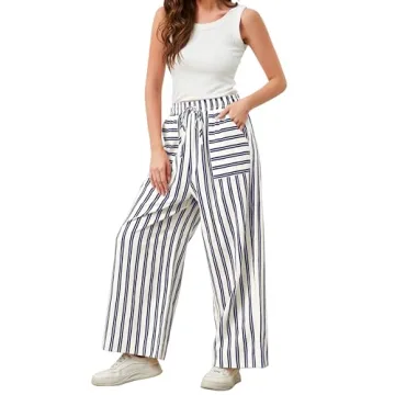 Ymejia Womens Wide Leg Striped Pants Loose Fit Drawstring Comfy High Waist Striped Lounge Pants with...