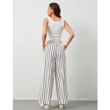 Ymejia Womens Wide Leg Striped Pants Loose Fit Drawstring Comfy High Waist Striped Lounge Pants with Pockets Blue White