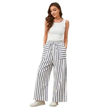 Ymejia Womens Wide Leg Striped Pants Loose Fit Drawstring Comfy High Waist Striped Lounge Pants with Pockets Blue White