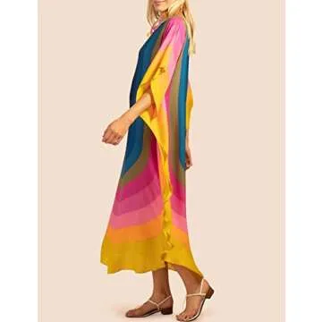 Bsubseach Colorful Kaftan Dresses for Women Long Bathing Suit Cover Ups Maxi Beach Coverups Caftan Blue
