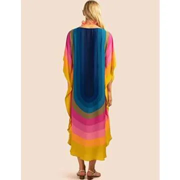 Bsubseach Colorful Kaftan Dresses for Women Long Bathing Suit Cover Ups Maxi Beach Coverups Caftan Blue