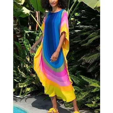 Bsubseach Colorful Kaftan Dresses for Women Long Bathing Suit Cover Ups Maxi Beach Coverups Caftan Blue