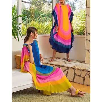 Bsubseach Colorful Kaftan Dresses for Women Long Bathing Suit Cover Ups Maxi Beach Coverups Caftan Blue