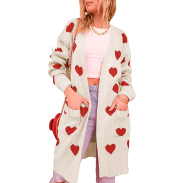 Wyeysyt Women 2023 Long Cardigans Love Heart Open Front Sweater Chunky Casual Knit Pocketed Cardigan...