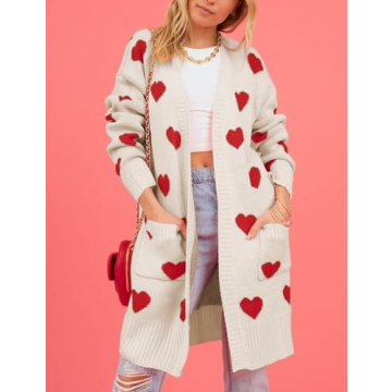 Wyeysyt Women 2023 Long Cardigans Love Heart Open Front Sweater Chunky Casual Knit Pocketed Cardigan Sweaters(Apricot-L)