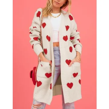 Wyeysyt Women 2023 Long Cardigans Love Heart Open Front Sweater Chunky Casual Knit Pocketed Cardigan Sweaters(Apricot-L)