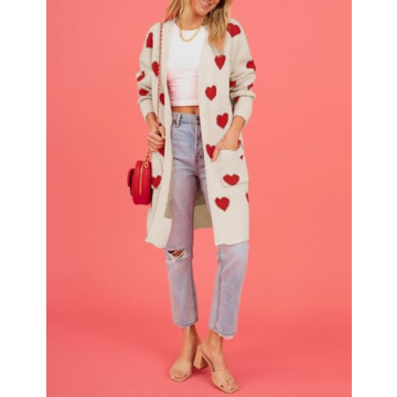 Wyeysyt Women 2023 Long Cardigans Love Heart Open Front Sweater Chunky Casual Knit Pocketed Cardigan Sweaters(Apricot-L)