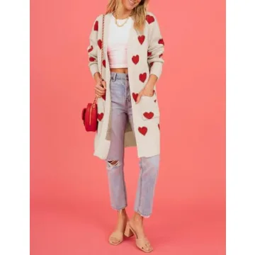 Wyeysyt Women 2023 Long Cardigans Love Heart Open Front Sweater Chunky Casual Knit Pocketed Cardigan Sweaters(Apricot-L)