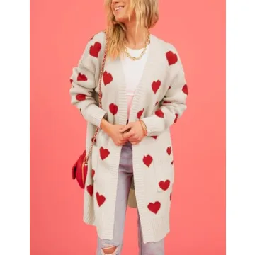 Wyeysyt Women 2023 Long Cardigans Love Heart Open Front Sweater Chunky Casual Knit Pocketed Cardigan Sweaters(Apricot-L)