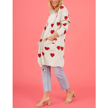 Wyeysyt Women 2023 Long Cardigans Love Heart Open Front Sweater Chunky Casual Knit Pocketed Cardigan Sweaters(Apricot-L)