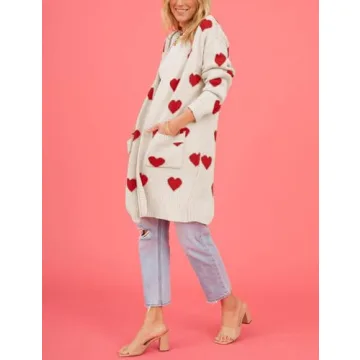 Wyeysyt Women 2023 Long Cardigans Love Heart Open Front Sweater Chunky Casual Knit Pocketed Cardigan Sweaters(Apricot-L)
