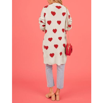 Wyeysyt Women 2023 Long Cardigans Love Heart Open Front Sweater Chunky Casual Knit Pocketed Cardigan Sweaters(Apricot-L)