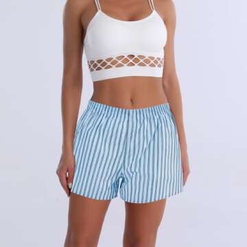 Cinvik Boxer Shorts for Women Loose 100 Percent Cotton Blue Plaid Shorts Pack Cute Trend Striped Summer Baggy Pj for Women M