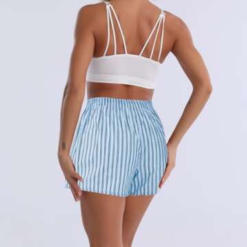 Cinvik Boxer Shorts for Women Loose 100 Percent Cotton Blue Plaid Shorts Pack Cute Trend Striped Summer Baggy Pj for Women M