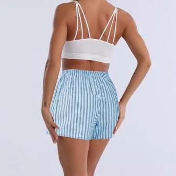 Cinvik Boxer Shorts for Women Loose 100 Percent Cotton Blue Plaid Shorts Pack Cute Trend Striped Summer Baggy Pj for Women M