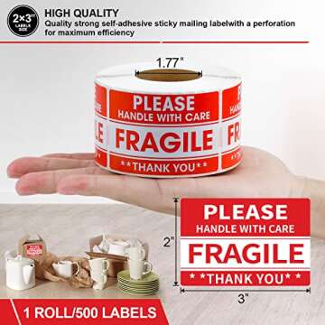 LKXSPLABE 2"x 3" Fragile Stickers 500 Packing Labels Handle with Care Strong Adhesive for Box Shippi...