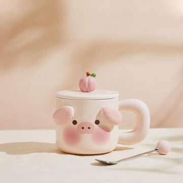 CAPIJIONG 420ml/14oz Household Cute Pig Mug With Lid Spoon Ceramic Coffee Cup-Cartoon Pig Mug Powder...