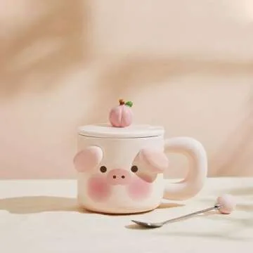 CAPIJIONG 420ml/14oz Household Cute Pig Mug With Lid Spoon Ceramic Coffee Cup-Cartoon Pig Mug Powder...