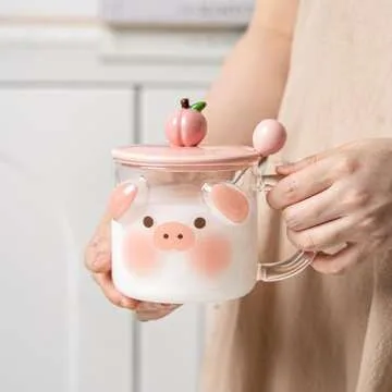CAPIJIONG Cute Pig Mug with Lid & Spoon - 14oz Ceramic