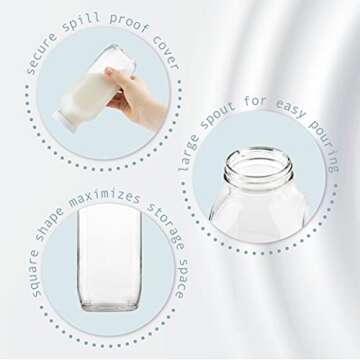 kitchentoolz 16oz Square Glass Milk Bottles with Airtight Plastic Lids – Pack of 4 | Reusable Milk Containers for Fridge & Lunchbox Storage – Ideal for Dairy, Smoothies, Juice, Water & More