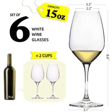 FAWLES Crystal White Wine Glasses Set of 6, 15 Ounce Laser Cut Rim Stemmed Clear Chardonnay Wine Gla...