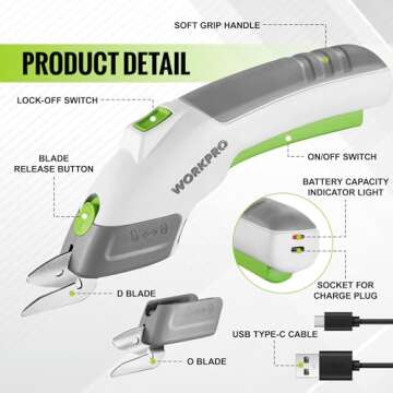 WORKPRO Cordless Electric Scissors: Durable Cutting Tool with 2 Blades