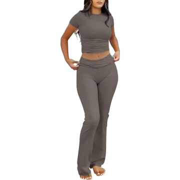ANRABESS 2 Piece Sets for Women Lounge Loungewear Sets Foldover Yoga Flare Leggings Pants and Croppe...